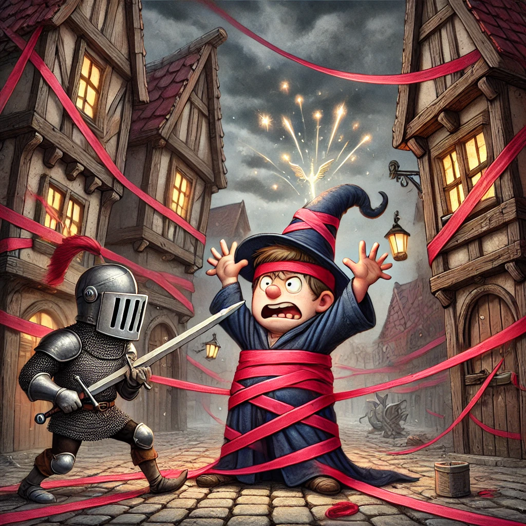 A frustrated wizard tangled in red tape while a knight cuts it with a sword in a gritty town.