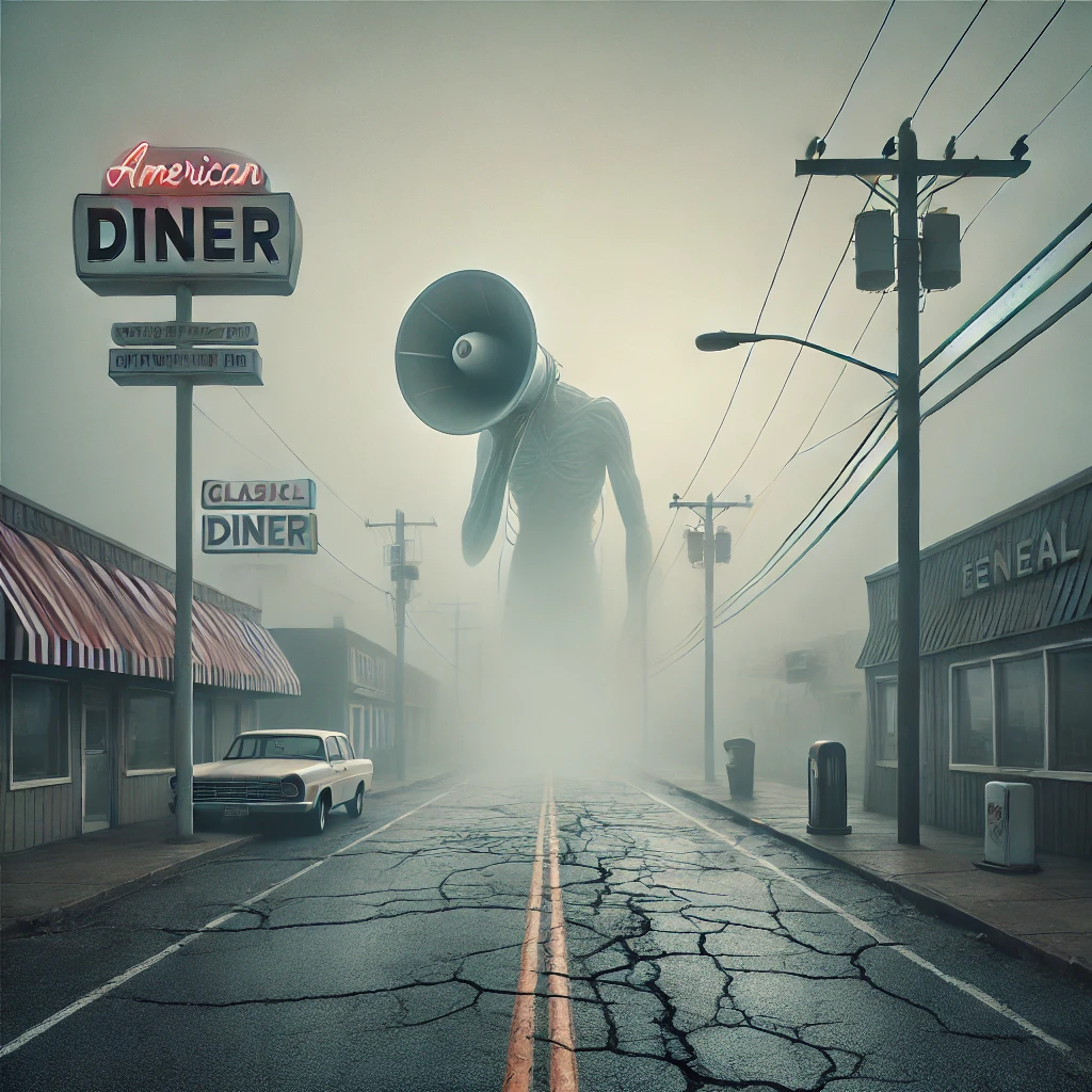 Foggy American town with cracked roads, diner signs, and a Siren Head silhouette in the fog.