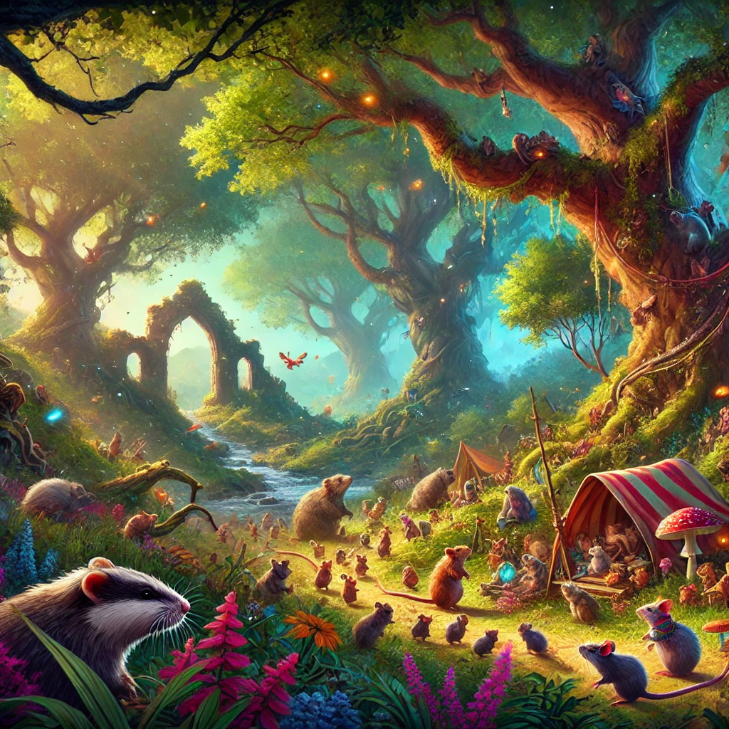 A vibrant forest with ancient oak trees sheltering a bustling village of woodland creatures