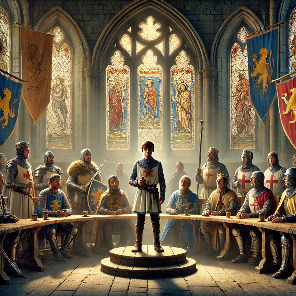 A young King Arthur stands at the head of a round table, surrounded by knights in a weathered castle hall.