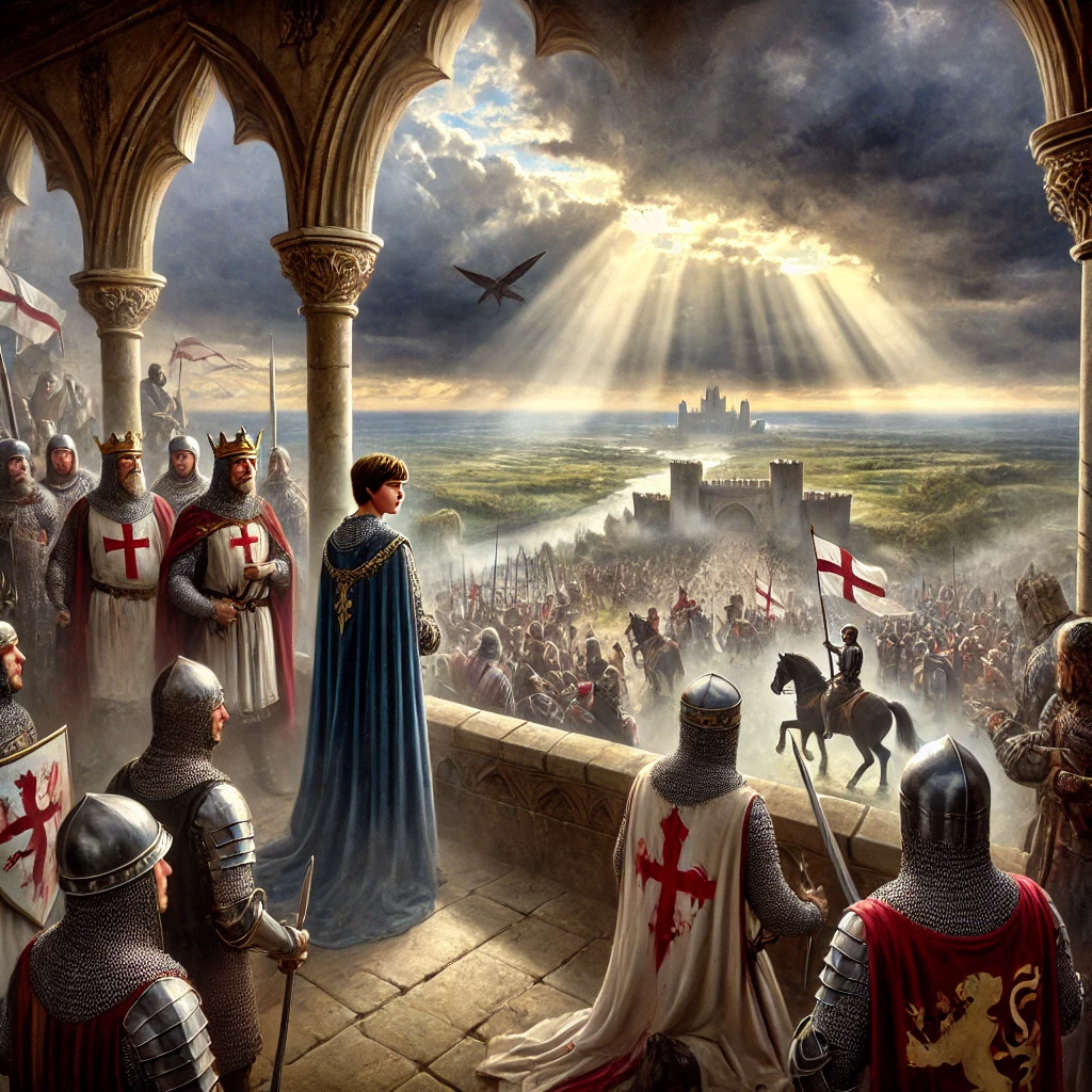 Young King Arthur stands on a castle balcony overlooking a tumultuous landscape as knights and lords prepare below.