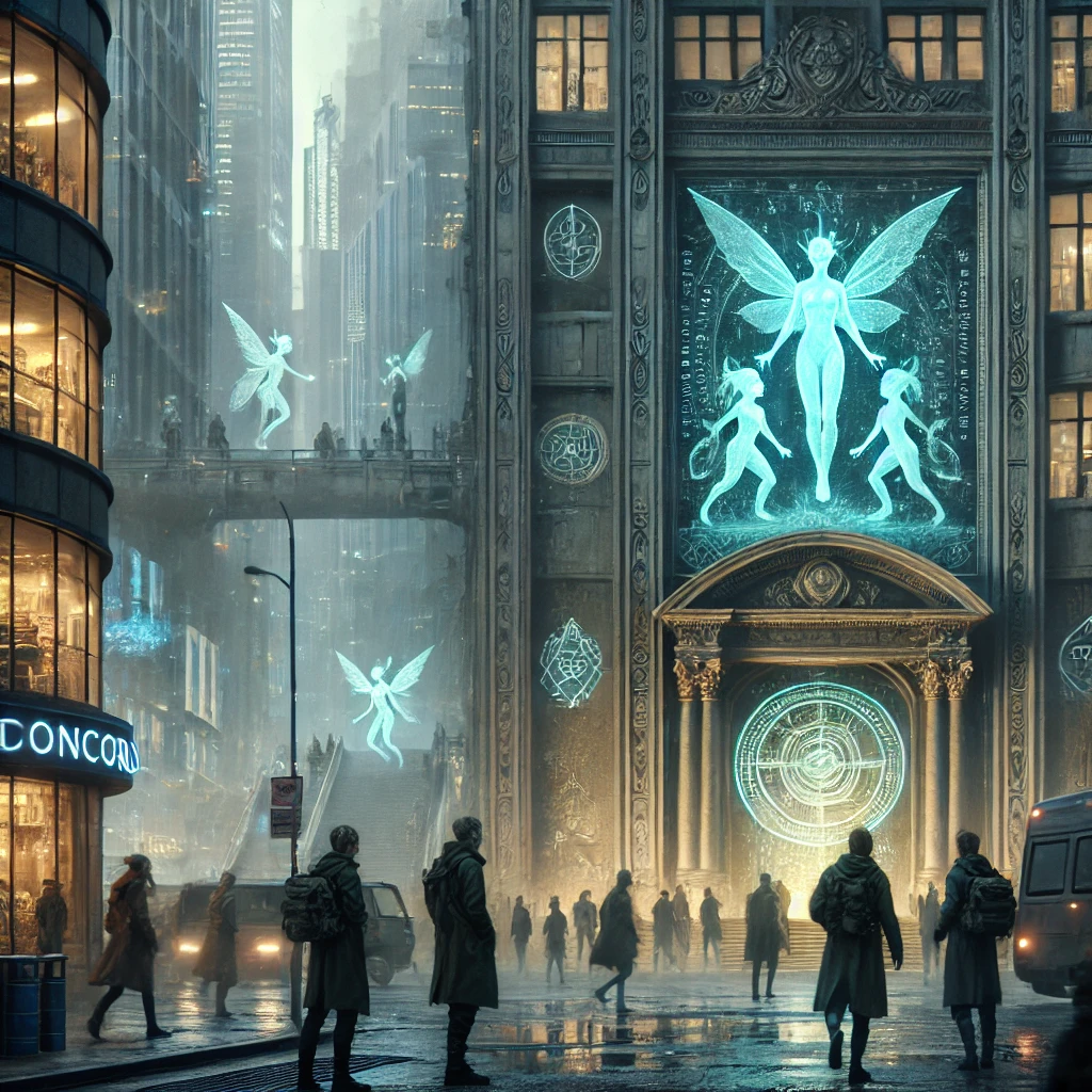 A bustling city with Fae figures hidden, glowing runes, and a secret library entrance.