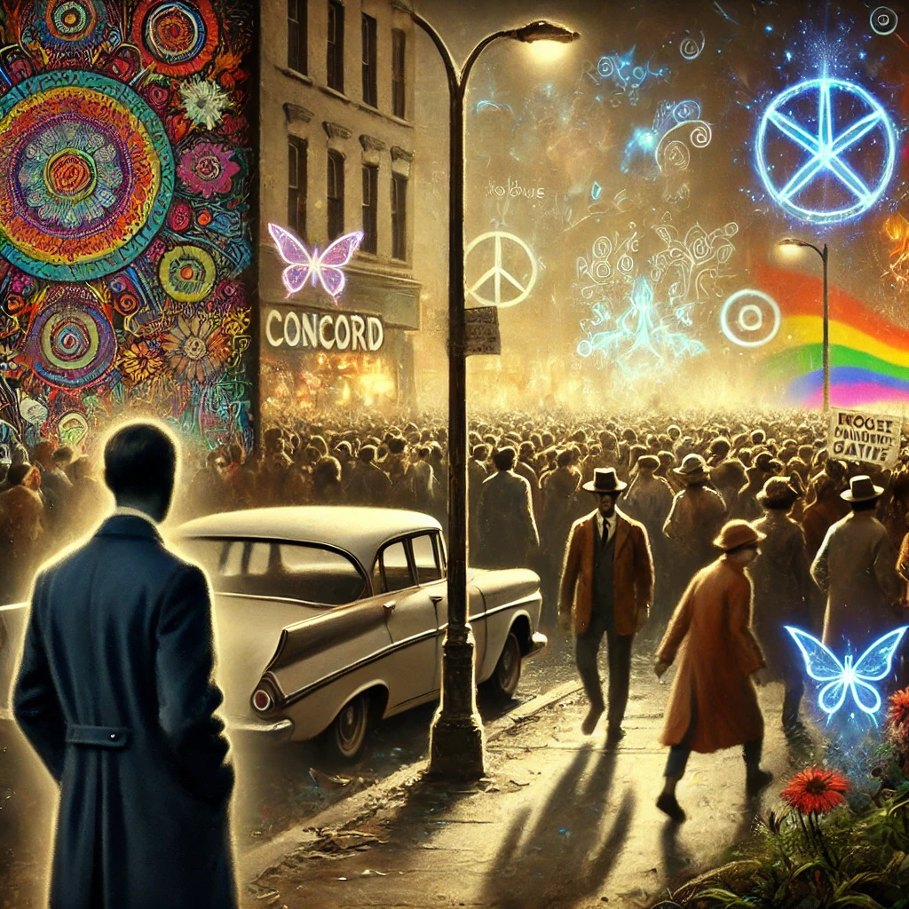 A 1960s protest scene with vibrant colors and subtle glowing magical symbols hidden in the environment, with an air of mystery and intrigue.