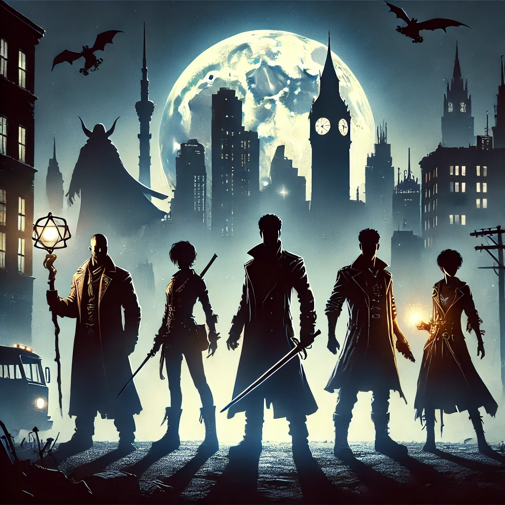 A team of adventurers silhouetted against a moonlit cityscape with a glowing magical aura