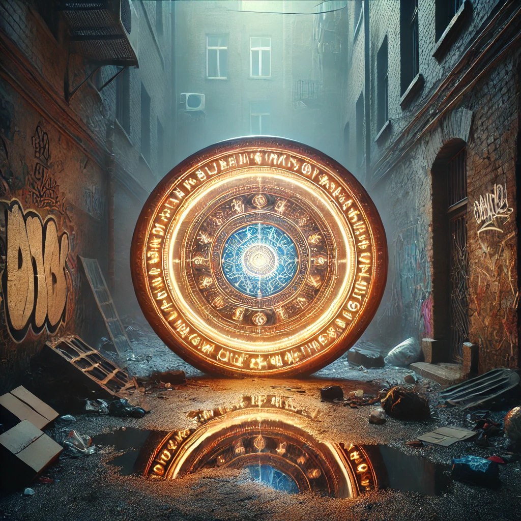 An ornate, glowing portal in the middle of a dark alleyway, surrounded by graffiti and urban decay